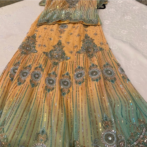 Elegant Yellow and Green Embellished sari Dress - Picture 1 of 9